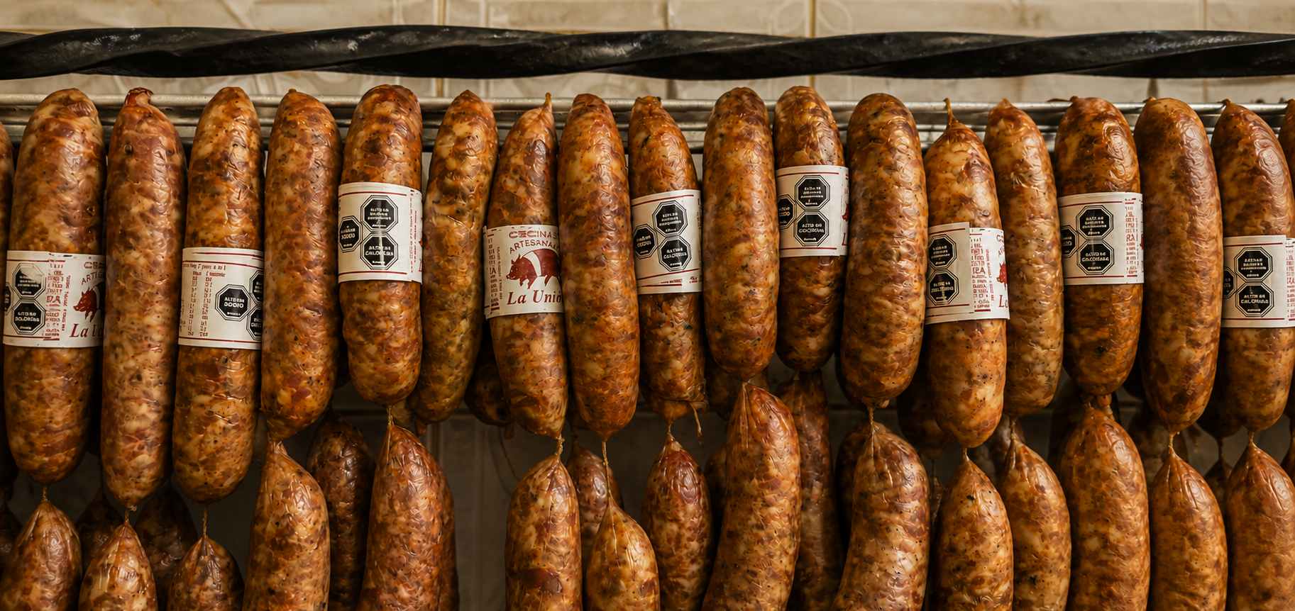 Cecinas artesanales colgadas y tabla de productos en el sur de Chile